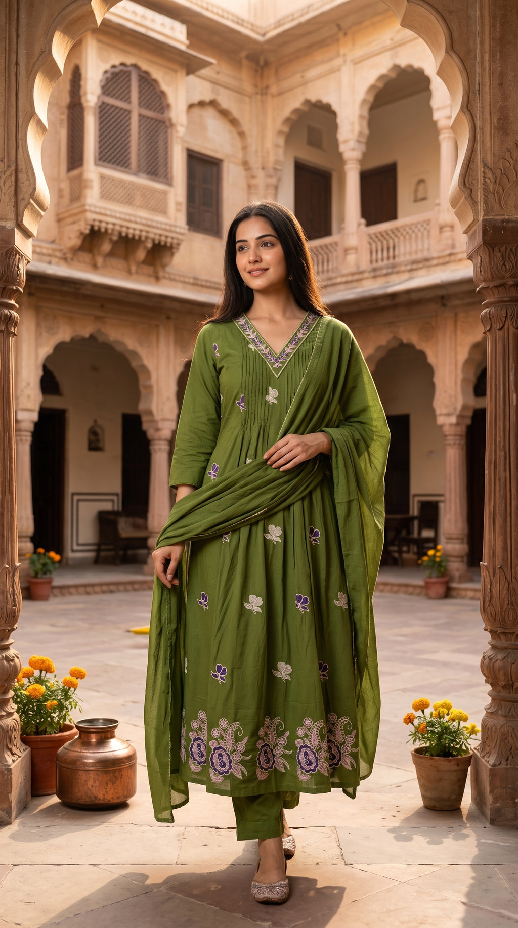 Paridhan Mehendi Cotton 3-Piece Suit