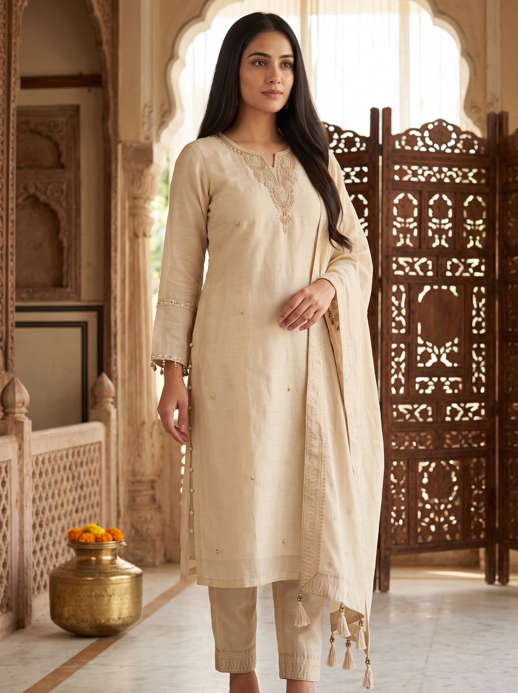 Paridhan Ivory Silk 3-Piece Suit