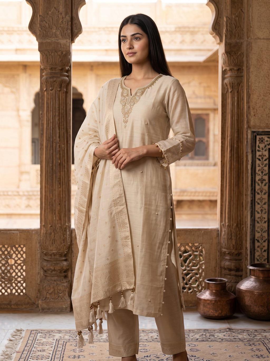 Paridhan Ivory Silk 3-Piece Suit