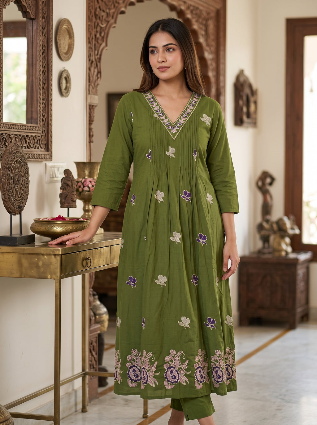 Paridhan Mehendi Cotton 3-Piece Suit