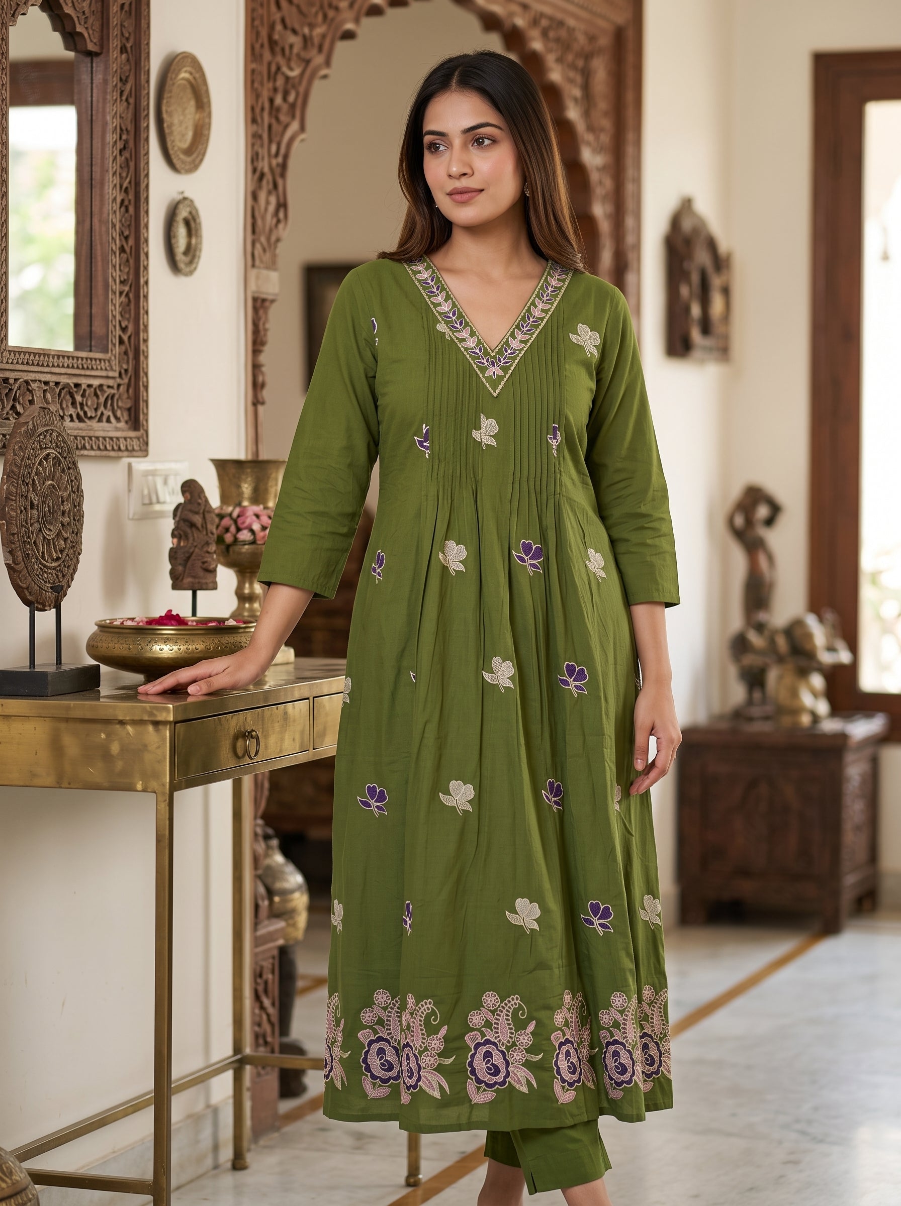 Paridhan Mehendi Cotton 3-Piece Suit
